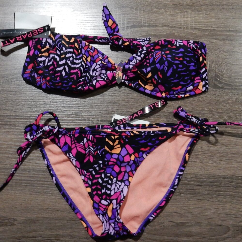 NWT - Ninety-Nine Strapless Side-Tie Bikini - Purple/Pink/Coral - L Top M Bottom